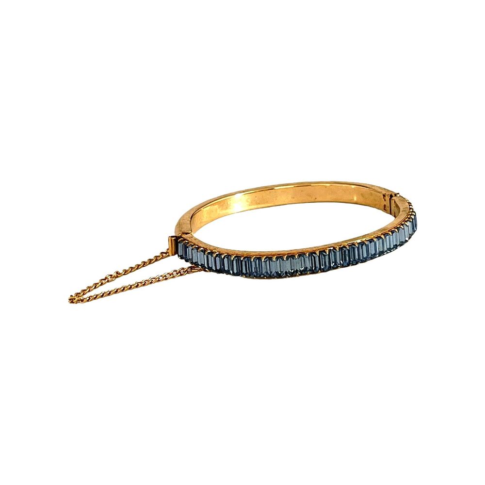 Vintage 1960s Clamper Bracelet Light Blue Crystal Baguettes Gold Tone - 15B